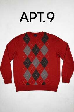 Apt. 9 Men’s XXL Red Argyle V-Neck Sweater | Classic Preppy Knit Pullover